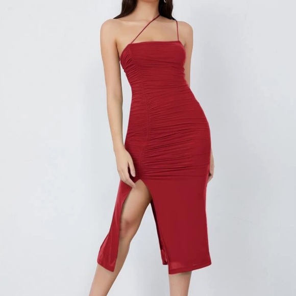 Xs red BAE One Shoulder Split Thigh Ruched Bodycon Dress - Picture 3 of 5